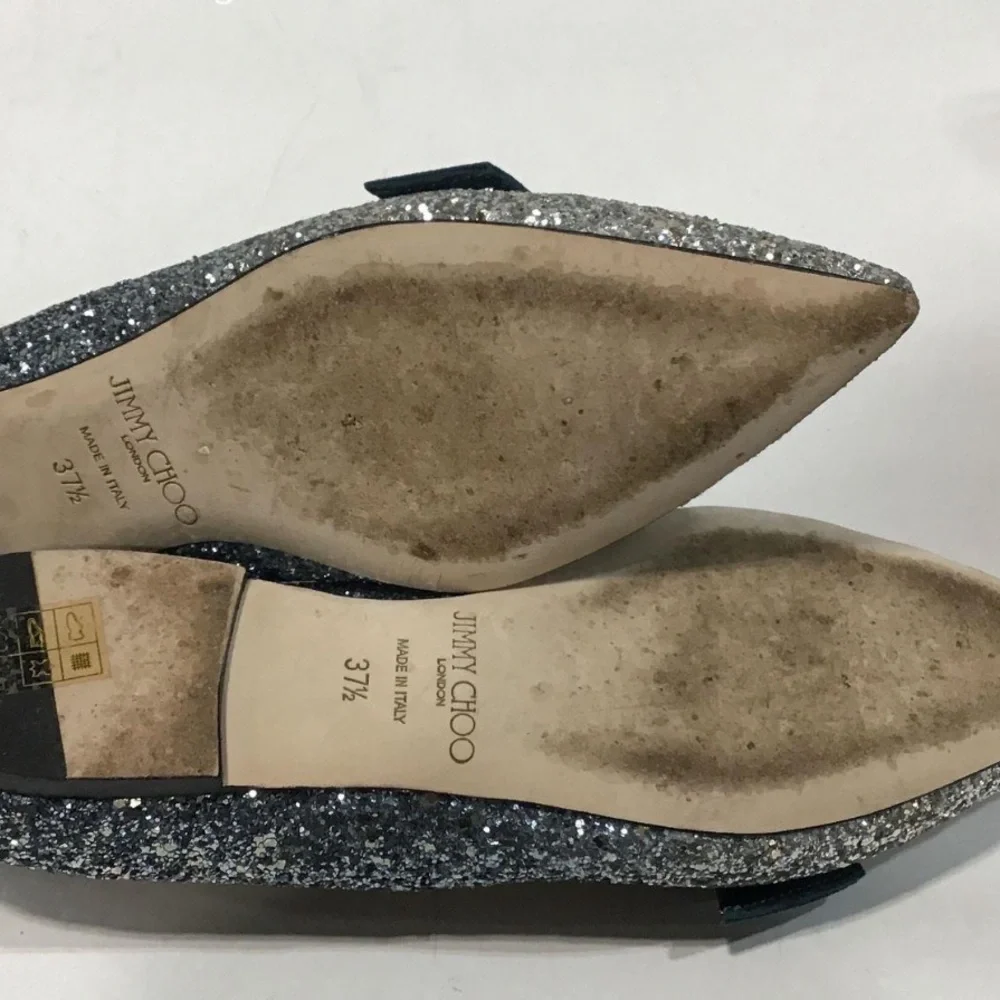 Women’s Jimmy Choo Silver Glitter Bow Loafers Slip On Flats Size 37.5